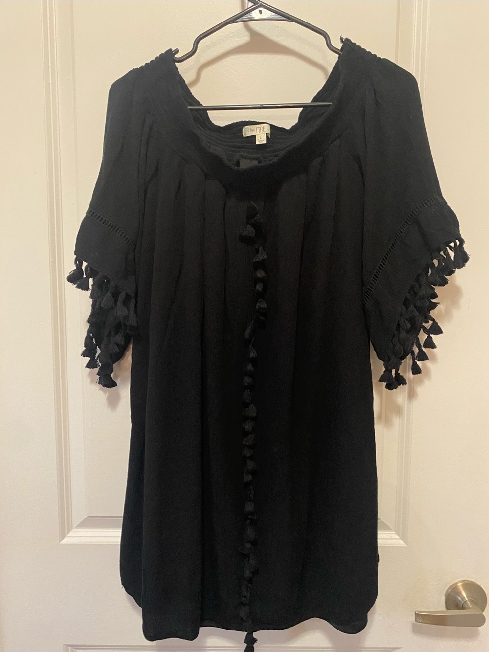 love, Fire Black Tassel-Trim Peasant Tunic
